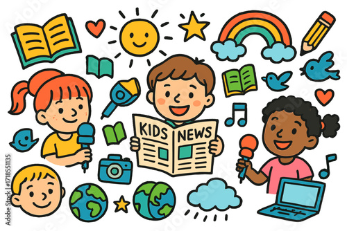 Kids' Creative World. Colorful Hand-drawn doodle Children illustration children?s news kids with microphones, newspaper, book, camera, pencil, rainbow, star,