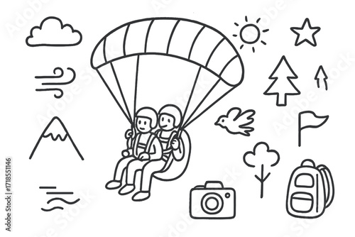 Tandem Paragliding Adventure. Hand-drawn doodle illustration tandem paragliding two people, paraglider, parachute, harness, helmet, mountain, cloud, sun, star,