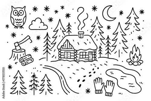 Snowy Cabin Doodle. Hand-drawn doodle illustration [snow-covered cabin in forest] [small hut, pine forest, snowflakes, smoke from chimney, snowy roof, axe,