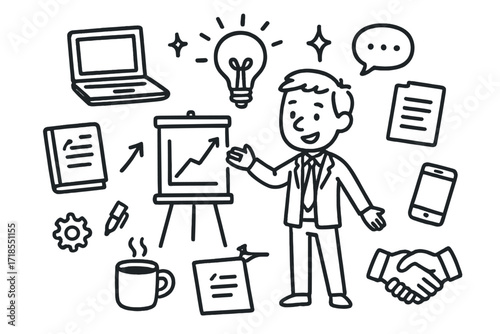 Entrepreneurial Doodle Icons. Hand-drawn doodle illustration Entrepreneur pitching ideas [figure presenting, laptop, chart, document, notebook, pen, light