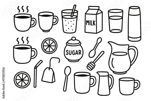 Breakfast Beverage Doodles. Hand-drawn doodle illustration breakfast beverages coffee mug, tea cup, orange juice glass, smoothie glass, milk carton, water