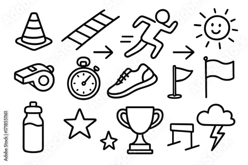 Agility Game Icons. Hand-drawn doodle illustration agility games cone, ladder, sprinting figure, arrow, whistle, stopwatch, running shoe, flag, hurdle, water