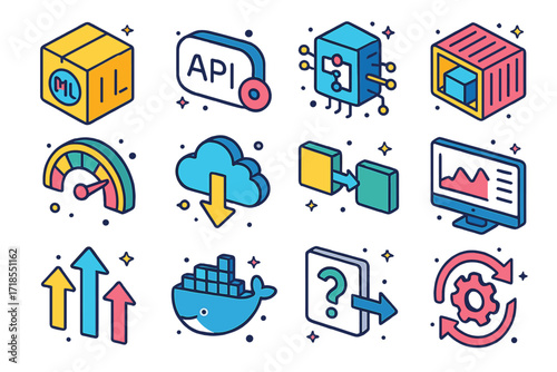 Isometric ML Deployment Icons. Colorful isometric vector icons set of ML model deployment: trained model box, API endpoint, inference engine, model serving
