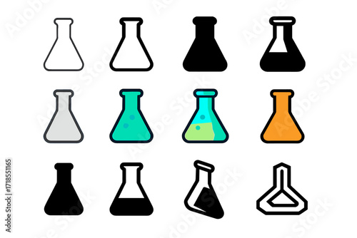 Erlenmeyer Flask Logos. Set Logo of Flasks: Classic laboratory Erlenmeyer flask. Logo set in vector style, emblematic variations. line, bold thick line, solid