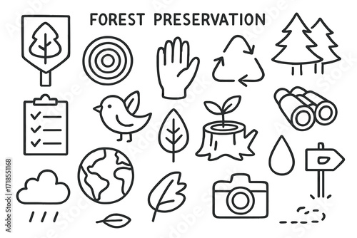Forest Preservation Icons. Hand-drawn doodle illustration [Forest preservation] [protected tree sign, tree rings, forest icon, recycling symbol, glove,