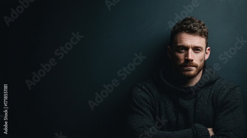 Confident Man in a Dark Sweater Against a Moody Background