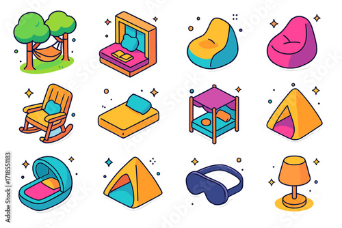 Colorful Nap Icons Collection. Colorful isometric vector icons set of nap environments: hammock under trees, cushioned reading nook, bean bag chair, rocking