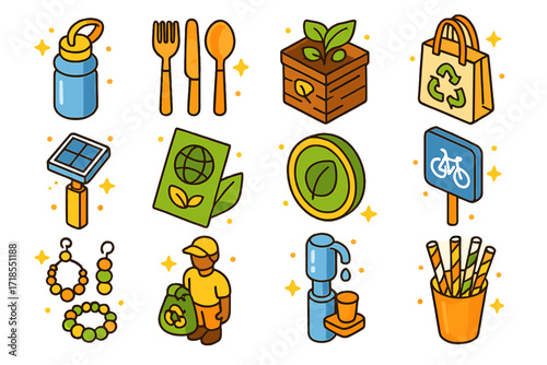 Eco Festival Icons. Colorful isometric vector icons set of eco-friendly summer festivals: reusable water bottle, bamboo cutlery, compost bin, recycled tote