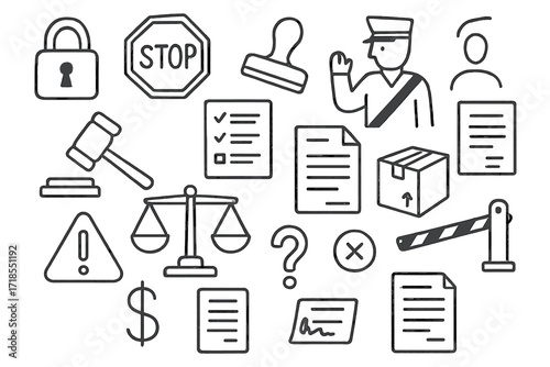 Trade Barriers Icons. Hand-drawn doodle illustration trade barriers and regulations lock, stop sign, paper stamp, customs officer, gavel, checklist, document,