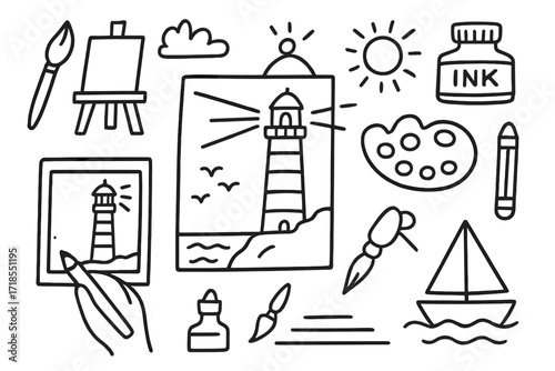 Lighthouse Doodle Art. Hand-drawn doodle illustration lighthouse in art sketch lighthouse, paintbrush, easel, wave line, sun, ink bottle, color palette,