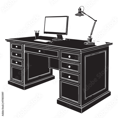 Black office desk Silhouette Vector, High Quality Illustration on White Background