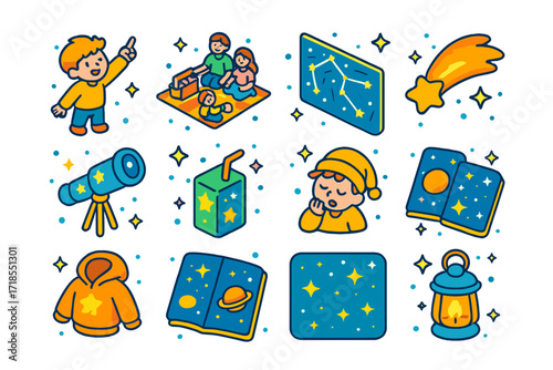 Child-Friendly Meteor Night. Colorful isometric vector icons set of child-friendly meteor night: child pointing at sky, family picnic blanket, illustrated star