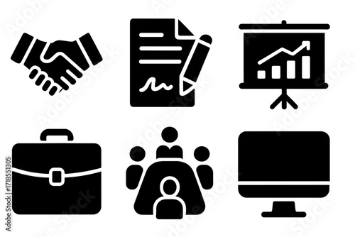 Business Icons Collection. Solid, filled icon set of tycoon business activities: handshake, contract, briefcase, presentation board, conference