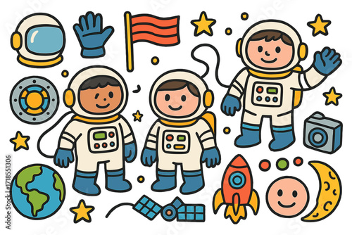 Space Adventure Doodle. Colorful Hand-drawn doodle Children illustration Astronauts in space helmet, space gloves, boots, flag, docking port, planet Earth,
