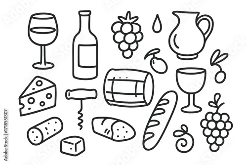 Wine Tasting Doodles. Hand-drawn doodle illustration Wine tasting wine glass, bottle, grapes, cheese wedge, cork, corkscrew, barrel, bread, olive, cluster of