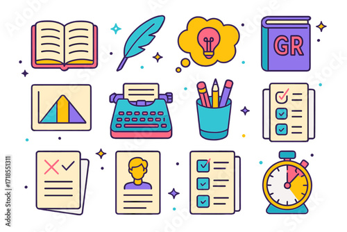 Creative Writing Icons. Colorful isometric vector icons set of creative writing workshops: open notebook, feather pen, idea cloud, grammar book, story arc
