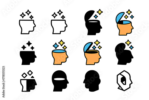 Mind Expansion Logos. Set Logo of Knowledge Expansion: open mind with sparkles. Logo set in vector style, emblematic variations. line, bold thick line, solid
