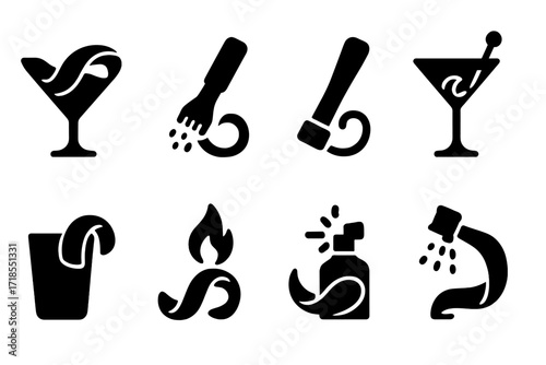 Orange Peel Icons. Solid, filled icon set of orange peel in mixology: garnish application, zesting, muddling, stirring, cocktail glass rim, orange peel flame,