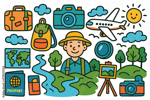 Colorful Travel Doodles. Colorful Hand-drawn doodle Children illustration Travel photography panorama suitcase, backpack, world map, wide camera, clouds,