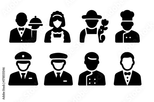 Manor Staff Icons. Solid, filled icon set of manor staff roles: butler, maid, gardener, cook, guard, chauffeur, steward, footman. Solid, filled icons in only