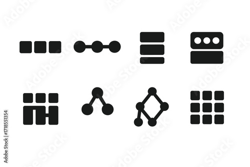 Data Structures Icons. Solid, filled icon set of data structures in algorithms: array, linked list, stack, queue, hash table, tree, graph, matrix. Solid,