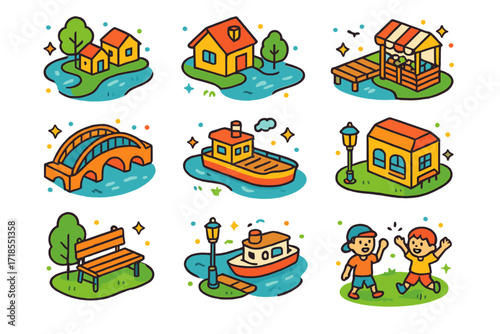 Colorful River Town Icons. Colorful isometric vector icons set of River towns and bridges: small village, riverside house, wooden pier, arched bridge, river