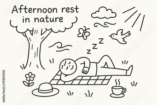Nature Afternoon Nap. Hand-drawn doodle illustration Afternoon rest in nature [tree shade, person lying down, breeze swirl, cloud, bird, blanket, butterfly,