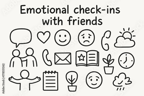 Emotional Check-In Icons. Hand-drawn doodle illustration Emotional check-ins with friends [speech bubble, heart icon, smiling face, worried face, thumbs up,