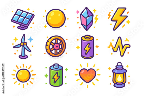 Vibrant Energy Icons. Colorful isometric vector icons set of vibrant energy sources: solar panel, glowing orb, energy crystal, lightning bolt, wind turbine,