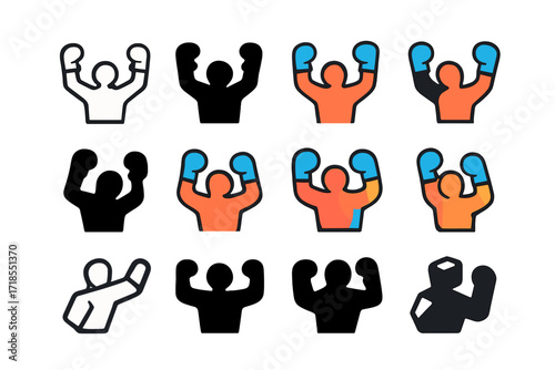Fighter Victory Logos. Set Logo of Fighter Victory: victorious fighter silhouette. Logo set in vector style, emblematic variations. line, bold thick line,