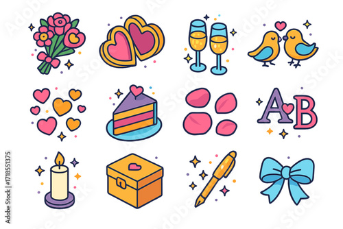 Colorful Wedding Icons Set. Colorful isometric vector icons set of romantic wedding symbols: wedding bouquet, heart-shaped locket, champagne glasses,