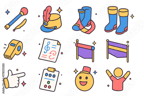 Parade Leader Icons. Colorful isometric vector icons set of parade leader: baton twirl, feathered hat, leader sash, marching boots, whistle, choreography