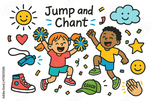 Cheerful Jumping Doodles. Colorful Hand-drawn doodle Children illustration Jump and chant session cheer jump, voice lines, excited face, pom-poms, shoes,