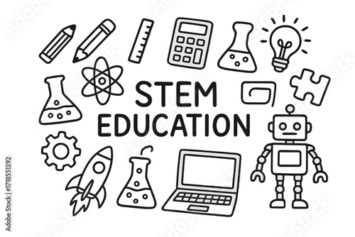 STEM Education Doodles. Hand-drawn doodle illustration STEM education for kids book, pencil, ruler, calculator, magnifying glass, atom, beaker, flask, gear,