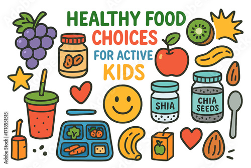 Healthy Kids' Snack Icons. Colorful Hand-drawn doodle Children illustration Healthy Food Choices for Active Kids grapes, nut jar, apple, kiwi, dried banana,