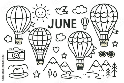 Hot Air Balloon Doodles. Hand-drawn doodle illustration hot air balloons in the sky in June hot air balloon, sun, cloud, bird, basket, rope, flag, mountain,