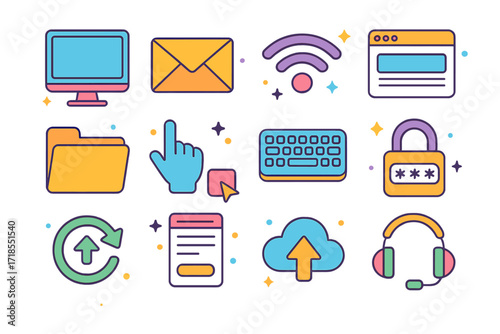 Digital Literacy Icons. Colorful isometric vector icons set of digital literacy workshops: computer screen, email icon, Wi-Fi symbol, internet browser window,