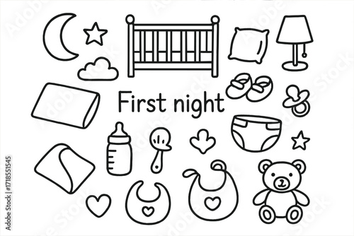 Baby's First Night. Hand-drawn doodle illustration First night crib, blanket, pillow, baby shoes, pacifier, bottle, diaper, bib, rattle, teddy bear, heart,
