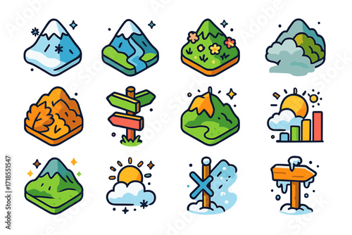 Seasonal Mountain Icons. Colorful isometric vector icons set of Seasonal changes in mountains: snowy winter slope, spring meltwater stream, summer wildflowers,