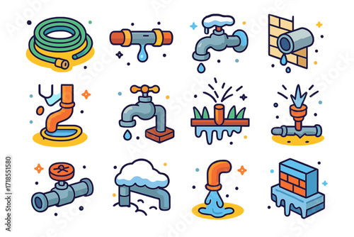 Outdoor Plumbing Icon Set. Colorful isometric vector icons set of outdoor plumbing and weather exposure: garden hose on ground, exposed pipe, snow-covered