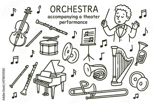 Orchestra Doodle Icons. Hand-drawn doodle illustration Orchestra accompanying a theater performance [violin, cello, flute, trumpet, drum, conductor baton,