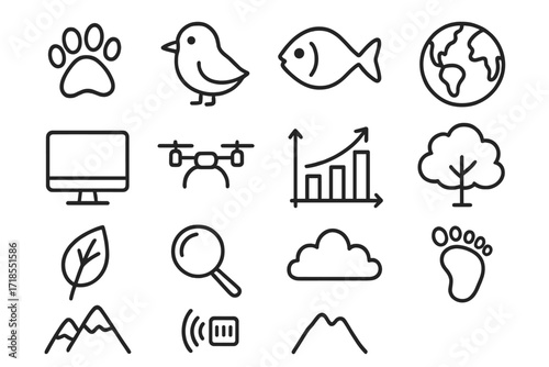 Wildlife Digital Doodles. Hand-drawn doodle illustration digital twins for wildlife animal paw, bird, fish, globe, computer, drone, chart, tree,