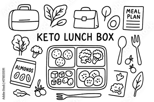 Keto Lunch Doodles. Hand-drawn doodle illustration [keto lunch box] [meatballs, broccoli, cheese cubes, olives, cucumber slices, lunch container, boiled egg,