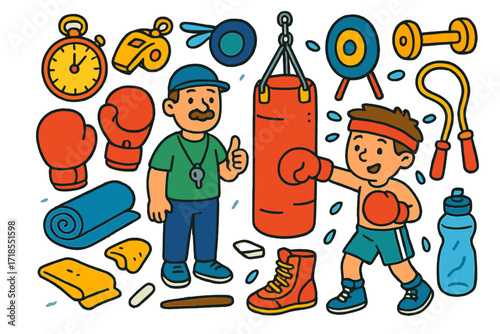 Colorful Boxing Doodle. Colorful Hand-drawn doodle Children illustration Boxing Training punching bag, gloves, timer, whistle, gym mat, dumbbells, sweat drops,