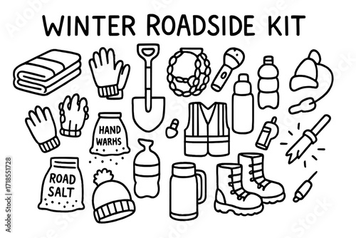 Winter Roadside Essentials. Hand-drawn doodle illustration Winter roadside kit blanket, gloves, shovel, ice scraper, snow chains, flashlight, hand warmers,