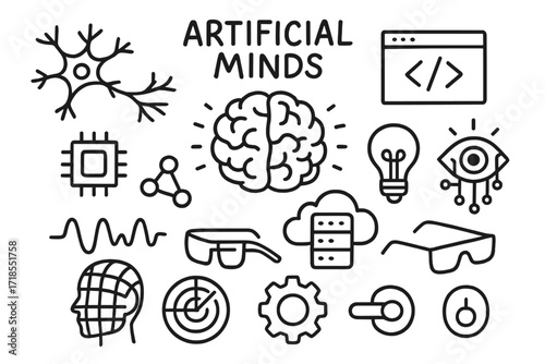 AI Doodle Elements. Hand-drawn doodle illustration Artificial Minds AI core, glowing brain, neurons, code window, cloud server, idea bulb, eye with circuits,