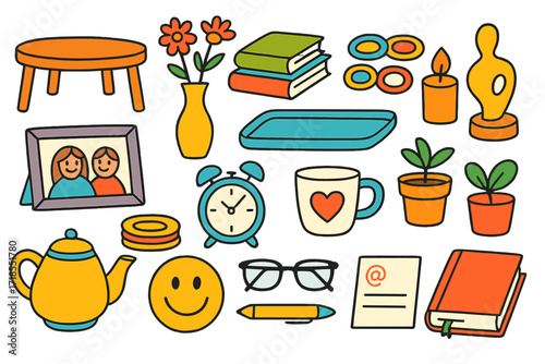 Colorful Coffee Table Doodles. Colorful Hand-drawn doodle Children illustration Coffee Table Decor coffee table, book pile, flower vase, coasters, tray,