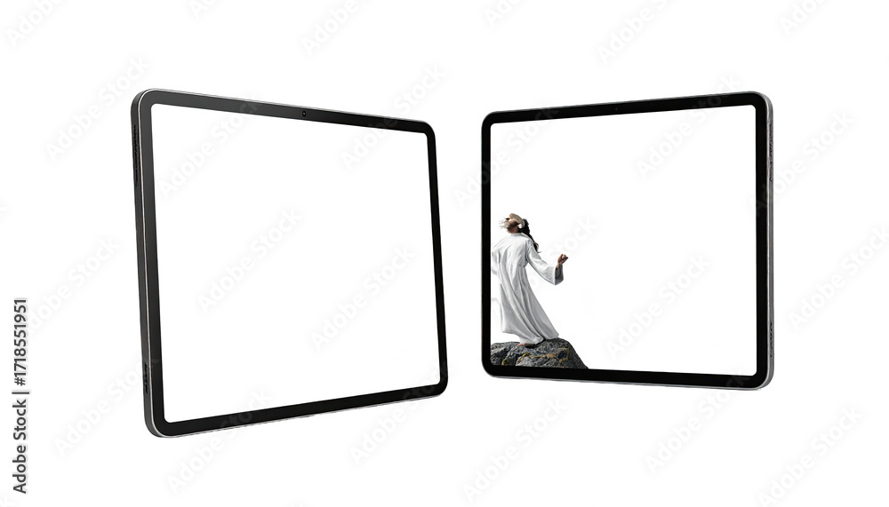 Fototapeta premium Two blank tablet screens, one figure