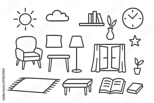 Minimalist Home Decor Sketch. Hand-drawn doodle illustration Minimalist spacious design chair, table, lamp, rug, pillow, shelf, vase, plant, clock, sun, cloud,