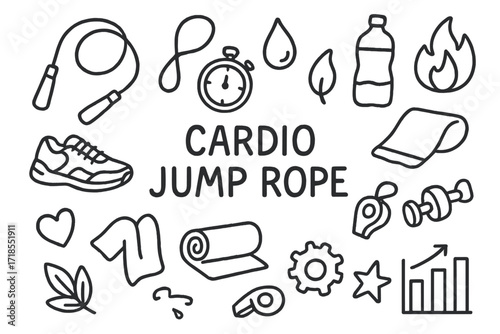 Cardio Gear Doodles. Hand-drawn doodle illustration Cardio jump rope [jump rope, sneakers, stopwatch, heart, sweat droplet, flame, water bottle, towel, mat,
